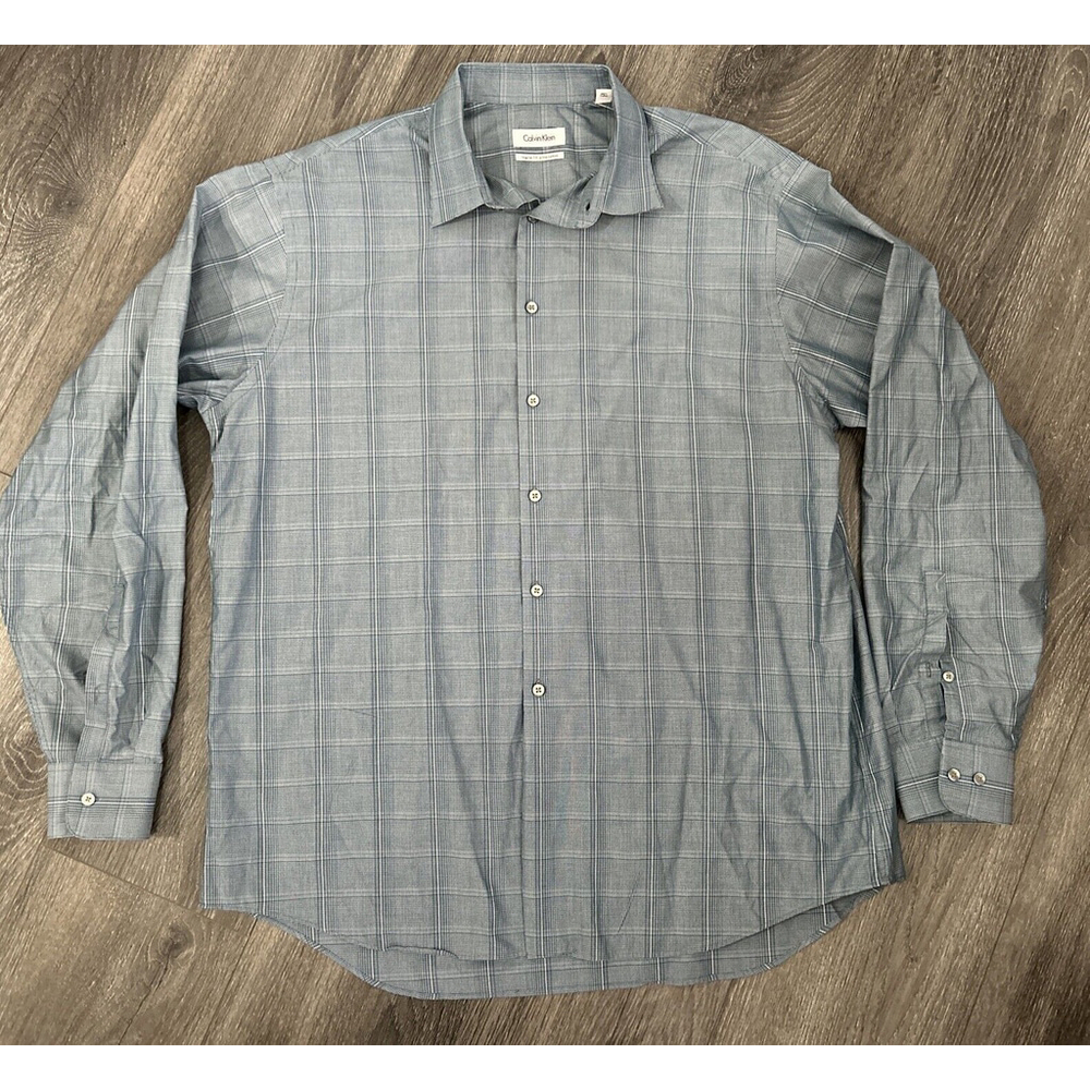 Calvin Klein 17 34/35 Regular Fit Blue Checked Button Down Long Sleeved